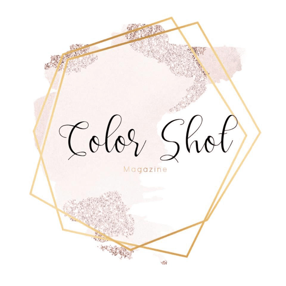 Color Shot Magazine text framed by gold geometry on a pink watercolor glitter background; family photography inspiration.